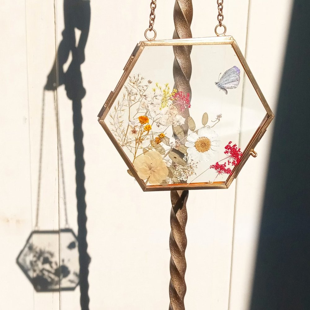 Gorgeous window hanger with real butterfly inside and dried flowers